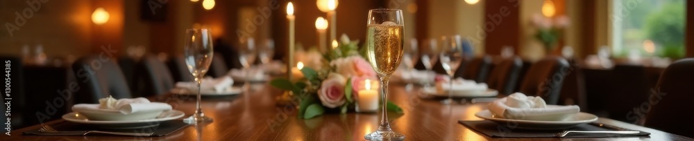 Bubbly drink in a fluted glass on a wooden table with decorative centerpieces and candelabras, holiday, beverage Bubbly drink in a fluted glass on a wooden table with decorative centerpieces and candelabras, holiday, beverage