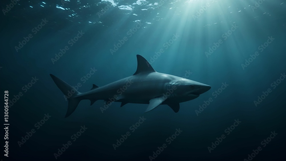 Naklejka premium Shark Swimming in Deep Blue Ocean: Sleek and Powerful in Moody Underwater Light