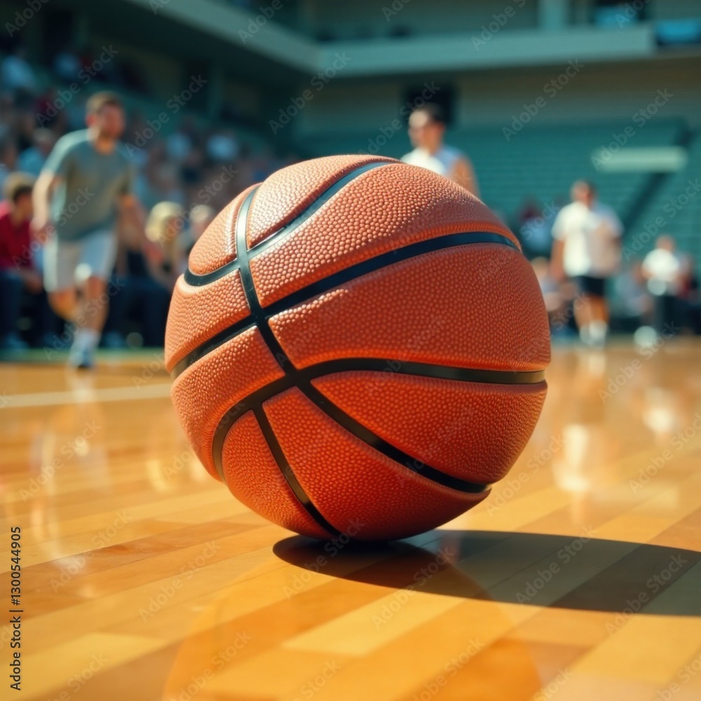 Naklejka premium Close-up of hardwood maple basketball in mid-air motion, movement, focus