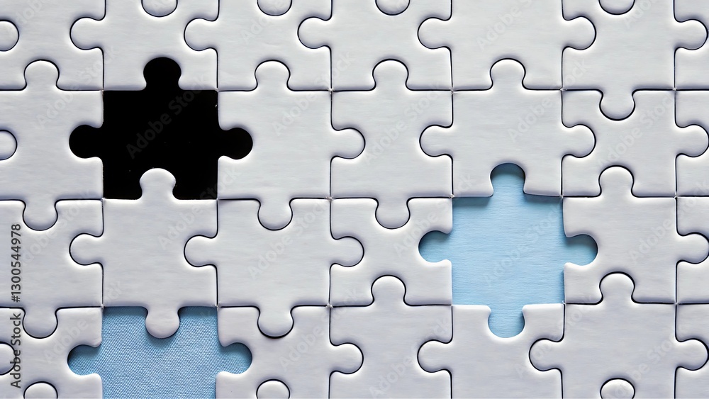 Close-Up of Interlocked White Jigsaw Puzzle Pieces with Contrasting Black and Blue Missing Sections, Symbolizing Problem-Solving and Strategy Close-Up of Interlocked White Jigsaw Puzzle Pieces with Contrasting Black and Blue Missing Sections, Symbolizing Problem-Solving and Strategy