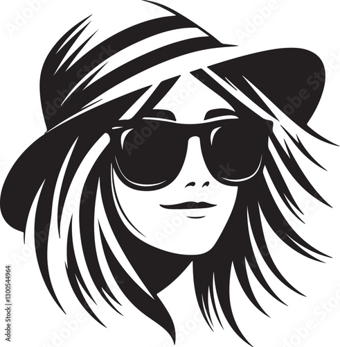 Beautiful A girl with sunglasses on her eyes and a hat on her head black vector