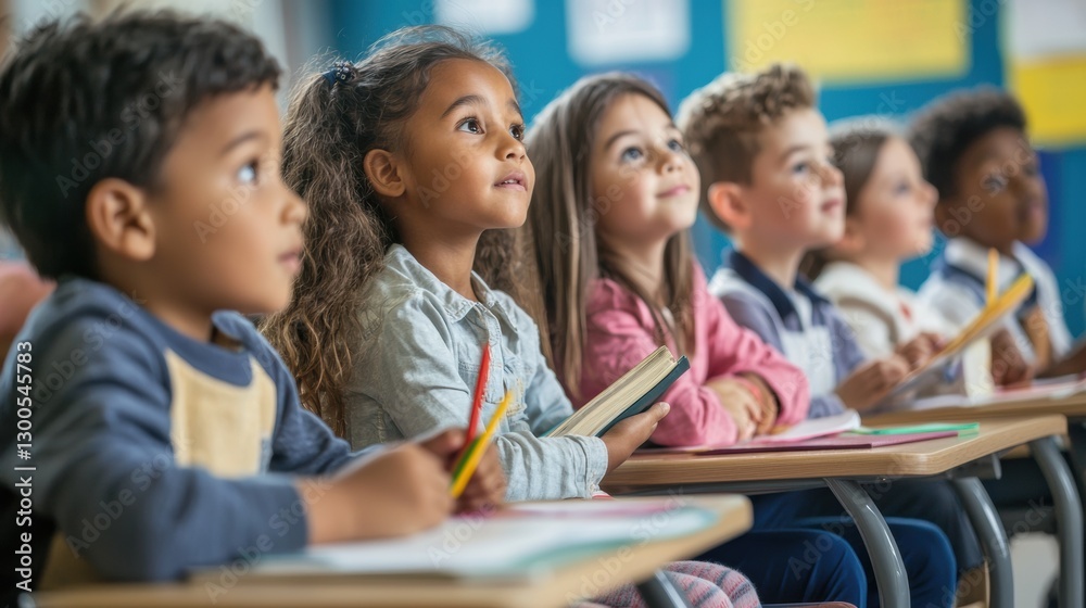A group of diverse elementary school children sitting in a classroom with desks, books, and pencils, listening to a lesson from their teacher
