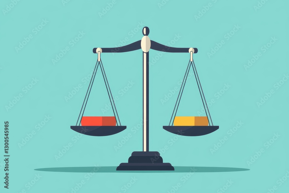 Balanced Scale with Red and Yellow Weights on Light Blue Background Balanced Scale with Red and Yellow Weights on Light Blue Background