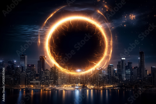 Under a starry sky, a moon eclipse morphs into a giant eye, gazing over a vibrant city. The urban skyline glimmers with lights, creating a magical interplay of reality and dream