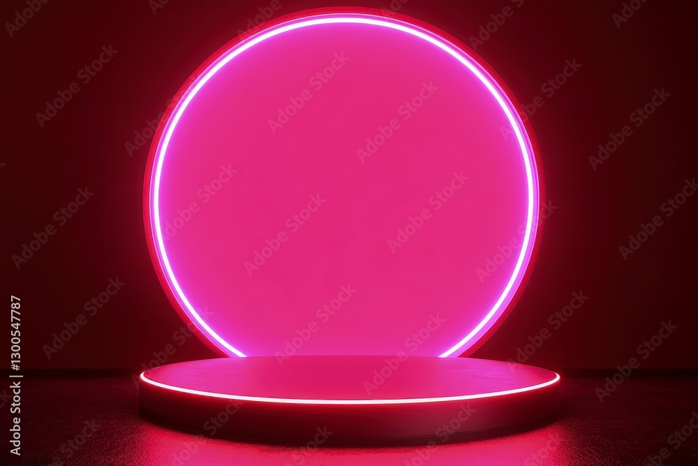 Abstract pink neon background with a glowing round frame and an empty podium for product presentation mock-up Abstract pink neon background with a glowing round frame and an empty podium for product presentation mock-up