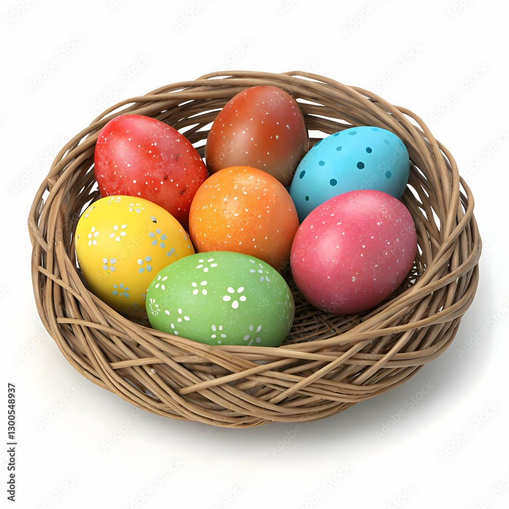 rustic easter charm vibrant multicolored eggs nestled in a classic wicker bowl surrounded by festive decorative elements isolated on white background rustic easter charm vibrant multicolored eggs nestled in a classic wicker bowl surrounded by festive decorative elements isolated on white background