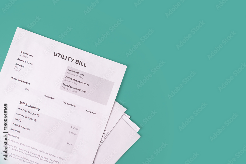 Utility bill on green background with copy space, payment for electricity, household budgeting, financial document Utility bill on green background with copy space, payment for electricity, household budgeting, financial document