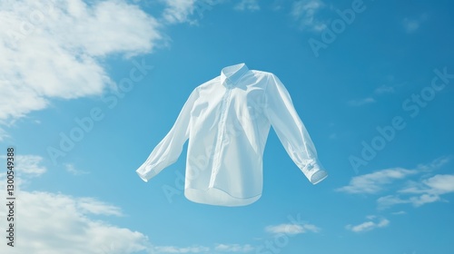 A white shirt floating in the sky, The background is a clear blue with fluffy clouds adding to its ethereal appearance. This scene creates a dreamy atmosphere that suggests tranquility and simplicity
