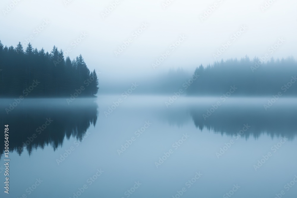 Fototapeta premium Serene Misty Lake Surrounded by Pine Trees at Dawn