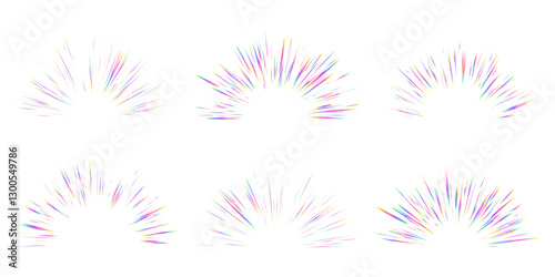 Burst with rainbow light prism effect. Halo flare sparkles of crystal on white background. Vector radial holographic color explosion. Comic speed lines glare beams with sparks and neon reflection.