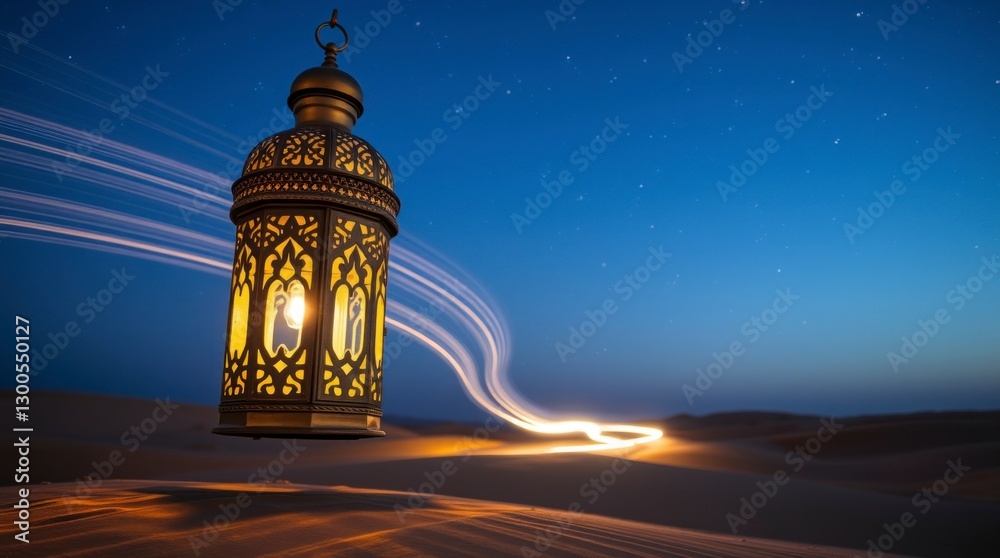 Glowing Ramadan Lantern in Desert Night Sky Glowing Ramadan Lantern in Desert Night Sky