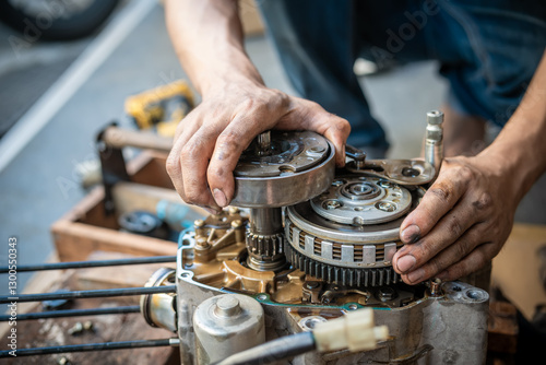 Obraz na płótnie Motorcycle mechanic working on the repair of a motorcycle engine ,working at garage, maintenance, repair motorcycle concept w salonie