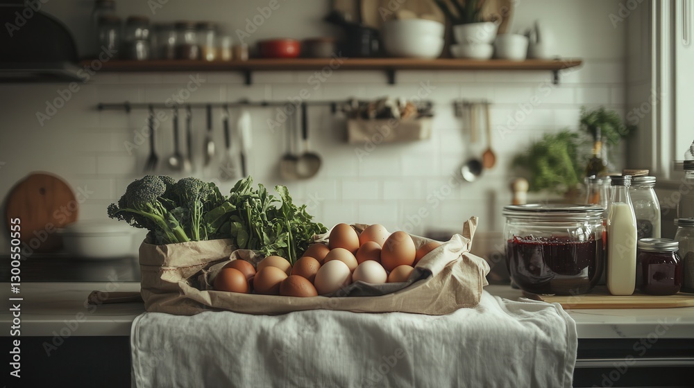 minimalist kitchen space with a neatly arranged grocery bag showcasing organic vegetables, farm eggs, and homemade jam minimalist kitchen space with a neatly arranged grocery bag showcasing organic vegetables, farm eggs, and homemade jam