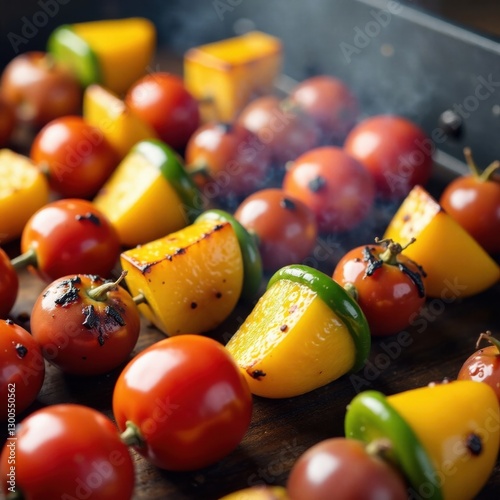 Roasted vegetables and fruits on a wooden grill, vegetables, fruits