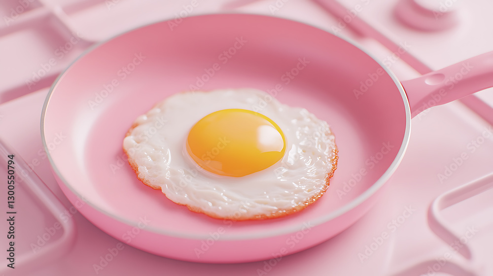 Sunny-side up egg in a pink frying pan on a matching pink stove top. Food photography with a single color palette. Sunny-side up egg in a pink frying pan on a matching pink stove top. Food photography with a single color palette.