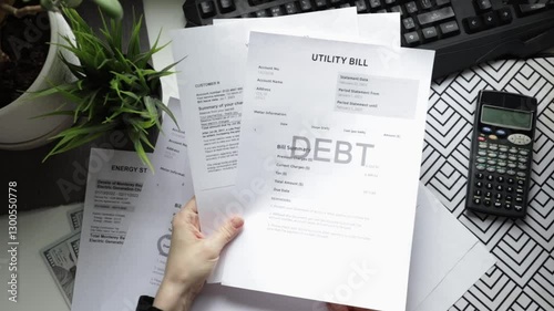 Hands with utility bills top view, overdue notice and debt warning, financial document and late fees