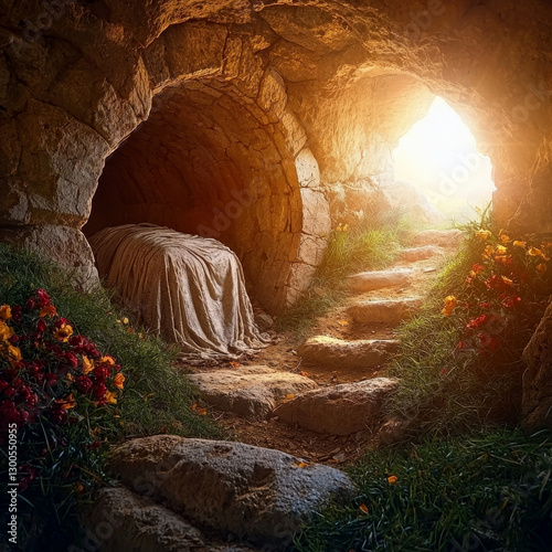 Empty tomb, sunrise light, stone steps leading to open entrance photo