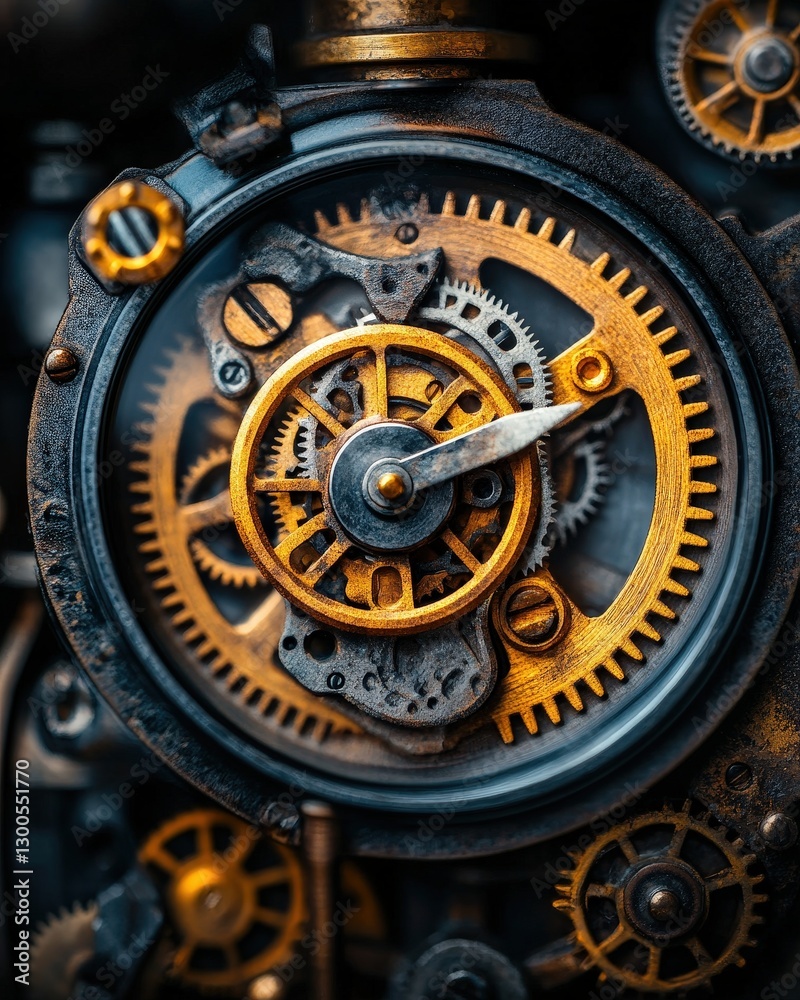 Fototapeta premium Intricate Close-Up of Vintage Clock Mechanism with Gears and Cogs in Gold and Black Tones