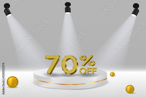 70% discount. 3D realistic golden number. white podium. Golden numbers. Template for products, advertising, web banners, flyers, certificates and postcards. Vector