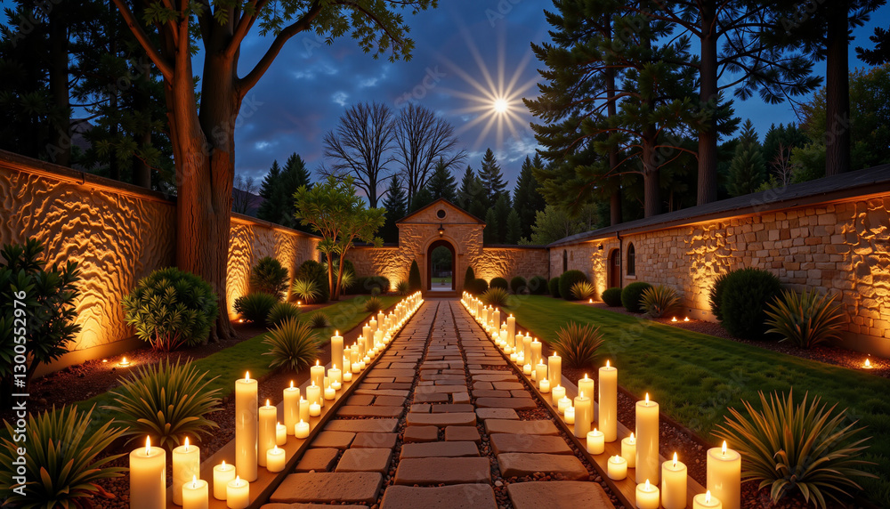 Obraz premium Candlelit Stone Pathway in Garden at Dusk, Tranquil Illumination, Easter
