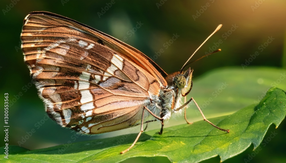 Fototapeta premium A macro shot of a butterfly resting on a leaf, highlighting the intricate patterns on its wings, delicate textures, and natural beauty, capturing the essence of nature in fine detail. 