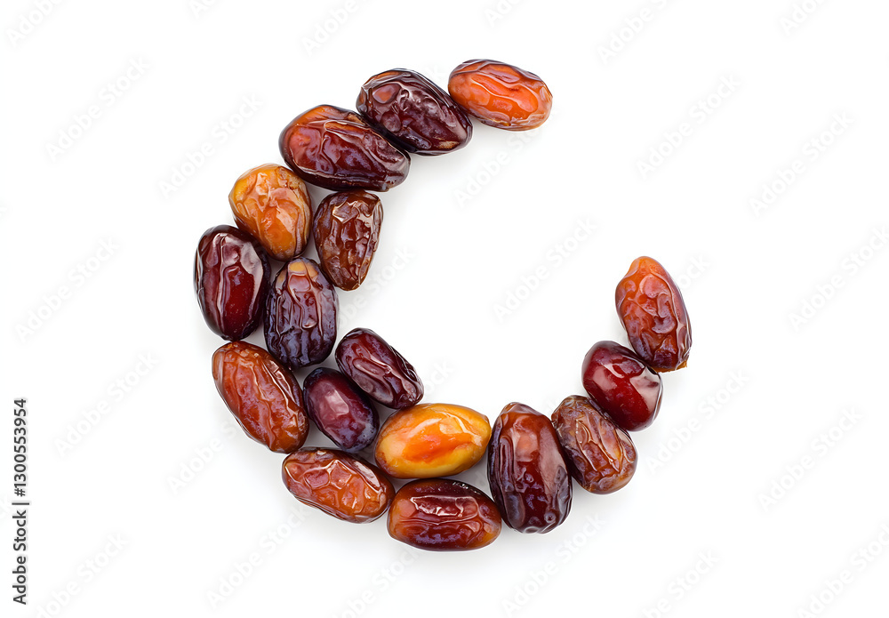 Sweet dates arranged in a crescent shape against a white background. Sweet dates arranged in a crescent shape against a white background.