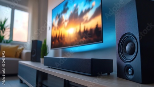 Modern Home Theater Setup with Sunset Landscape on TV Screen