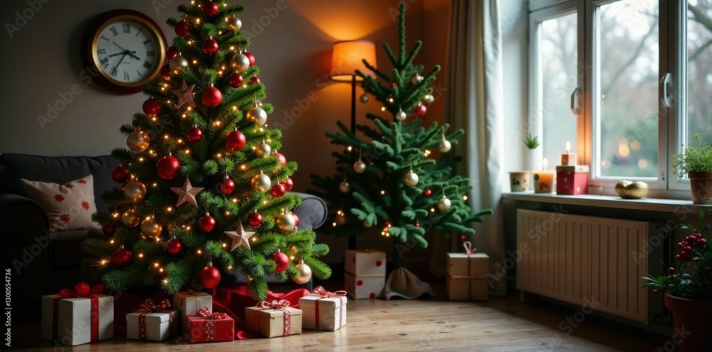 Evergreen Christmas tree in a cozy room with colorful ornaments and twinkling lights , , festive atmosphere Evergreen Christmas tree in a cozy room with colorful ornaments and twinkling lights , , festive atmosphere