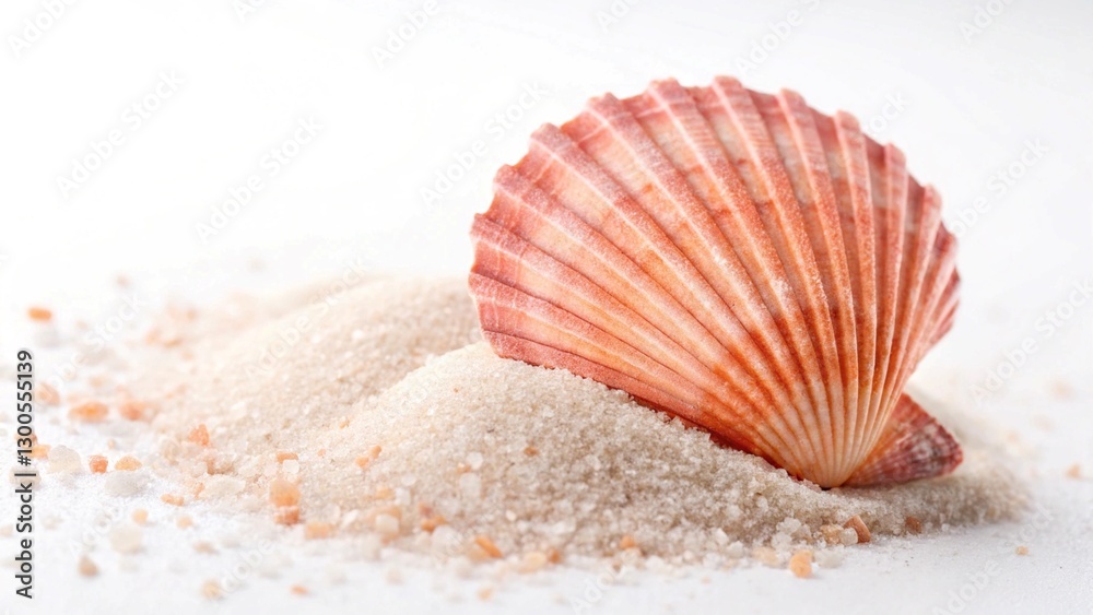 Seashell on White Sand Beach Close-Up with Textured Details Seashell on White Sand Beach Close-Up with Textured Details