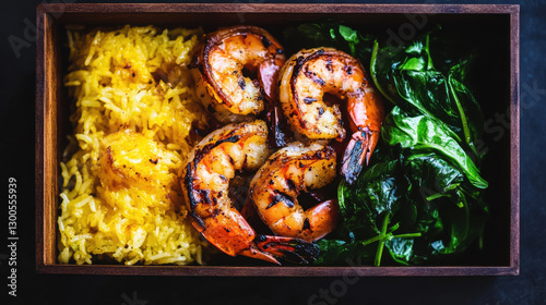 A high-end chef's take on a modern bento box meal, showcasing perfectly grilled shrimp with a light citrus glaze, arranged next to a bed of saffron-infused rice and crisp sautÃ©ed greens