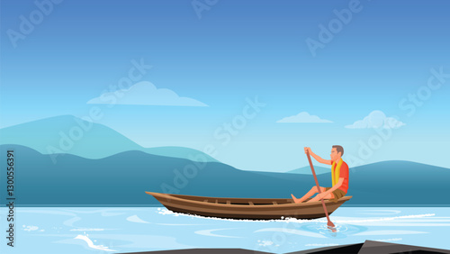Village man rowing a wooden boat, traditional fishing boat, rural river scene
