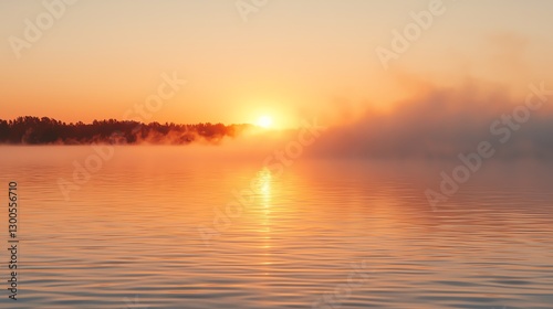 A tranquil sunrise over a misty lake, reflecting vibrant colors in the serene water. photo