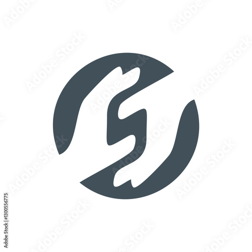 The image presents a logo featuring two stylized hands within a circular frame.