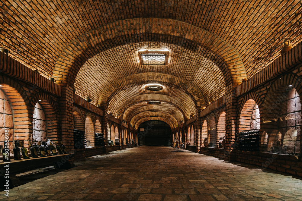 Obraz premium Khareba Winery’s tunnel in Kvareli, Kakheti (Georgia), is a 7.7 km underground wine cellar carved into rock, maintaining perfect aging conditions.