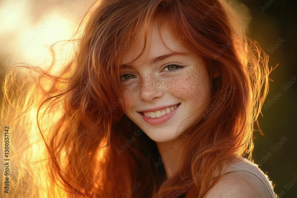 a joyful young girl with flowing auburn hair natural sunlit portrait soft bokeh background genuine smile freckles warm golden hour lighting a joyful young girl with flowing auburn hair natural sunlit portrait soft bokeh background genuine smile freckles warm golden hour lighting
