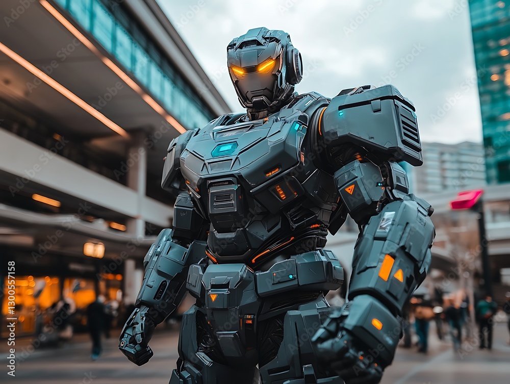 Robot in urban setting. People walking in background Robot in urban setting. People walking in background
