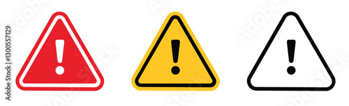 Attention Icon Set. Danger Caution or Alert Risk Warning Vector Symbol in a black filled and outlined style. Safety Notice Sign.
