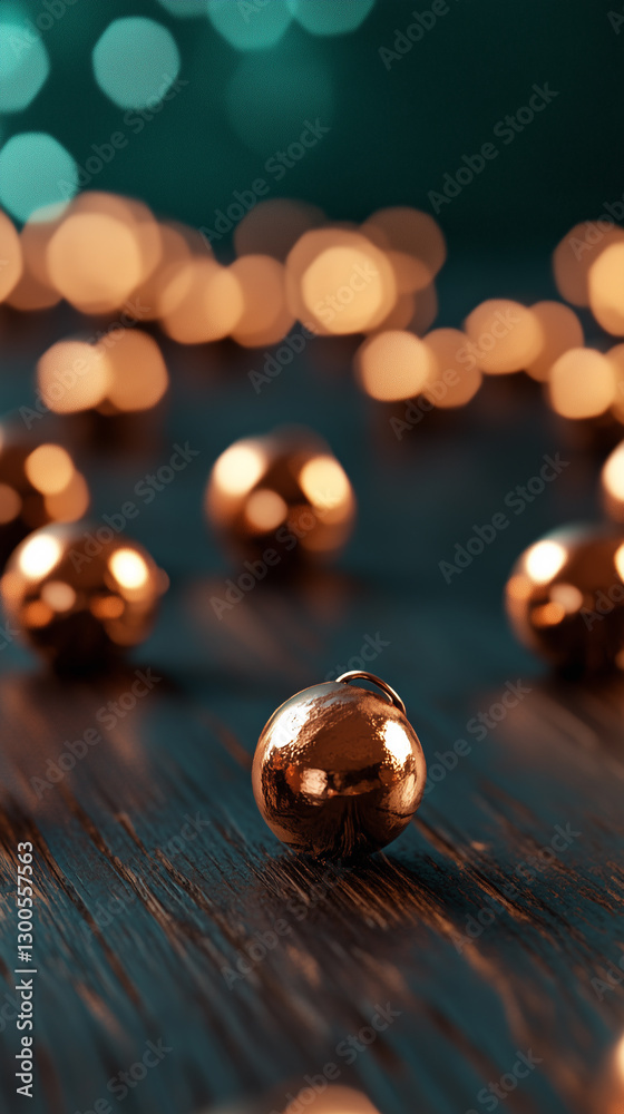 Naklejka premium A set of tiny metallic copper bells arranged in a circular pattern on a dark wooden table, with a blurred teal background.
