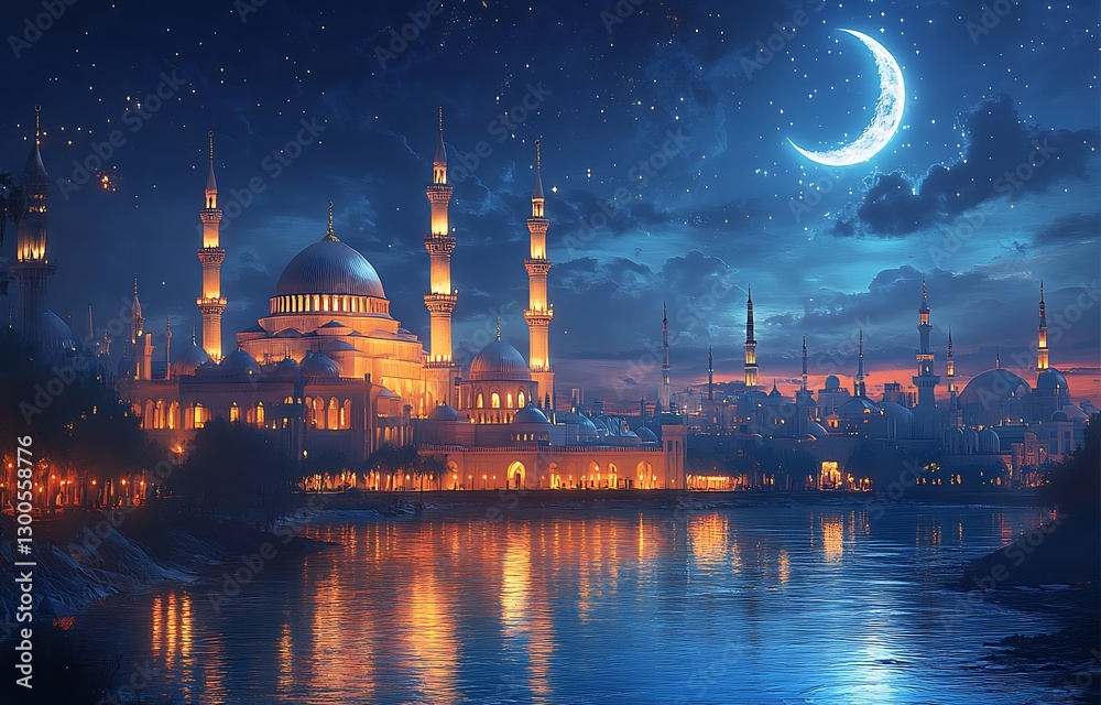 Fototapeta premium Illuminated Mosque with Crescent Moon Reflected in a Calm River
