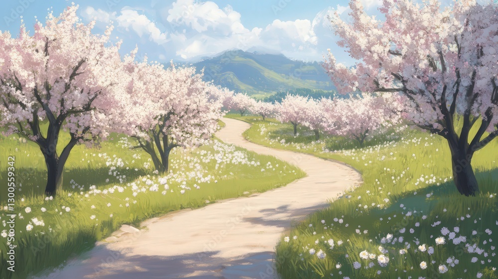picturesque scene of a winding pathway lined with blossoming trees. picturesque scene of a winding pathway lined with blossoming trees.