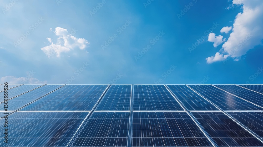 Bright Blue Sky with Solar Panels Underneath for Renewable Energy Bright Blue Sky with Solar Panels Underneath for Renewable Energy