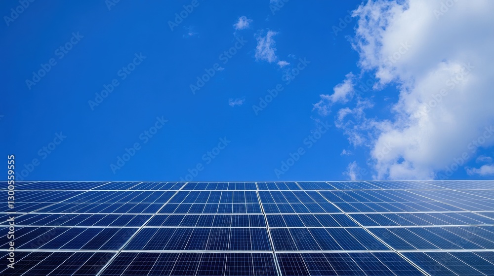 Solar Panels Under Clear Blue Sky with Billowing White Clouds Solar Panels Under Clear Blue Sky with Billowing White Clouds