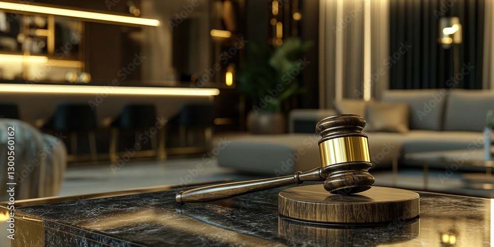 Obraz premium Gavel on Dark Table in Luxurious Living Room