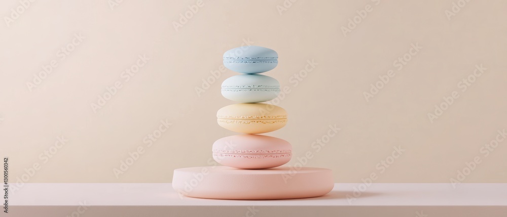 Colorful Macarons Stacked on a Simple Pink Base Against Neutral Background Colorful Macarons Stacked on a Simple Pink Base Against Neutral Background