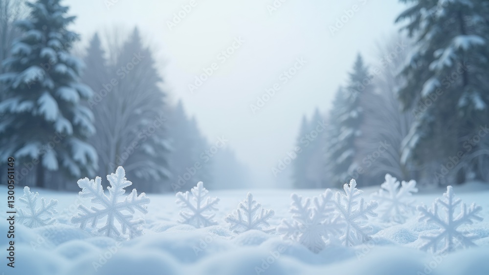 Fototapeta premium Snowy forest with a few snowflakes on the ground. The snowflakes are small and scattered, creating a peaceful and serene atmosphere