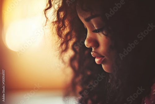 A woman with curly hair is depicted in soft lighting. Her serene expression and the gentle accentuation of her curls create a peaceful atmosphere with copy space