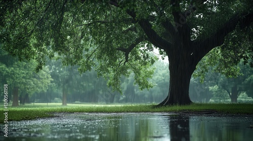 rainy afternoon under a rain tree, with puddles forming on the ground, and the sound of raindrops falling softly through the thick canop