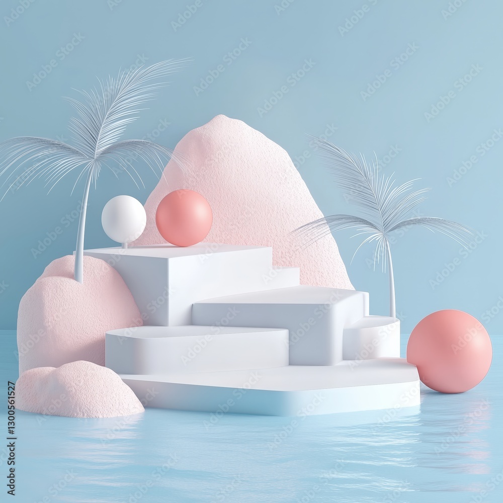 Fototapeta premium Minimalistic scene of a platform with tropical elements Perfect backdrop for displaying items with style Soft colors enhance the aesthetic