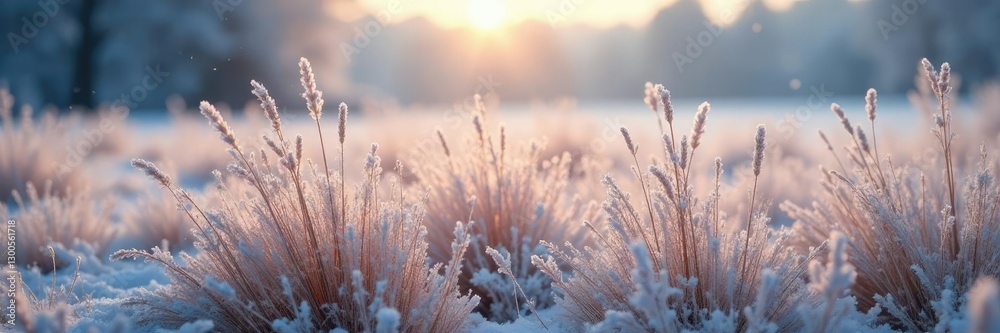 Tall grasses swaying gently in the cold weather, frozen flowers, cold climate, frosty atmosphere Tall grasses swaying gently in the cold weather, frozen flowers, cold climate, frosty atmosphere