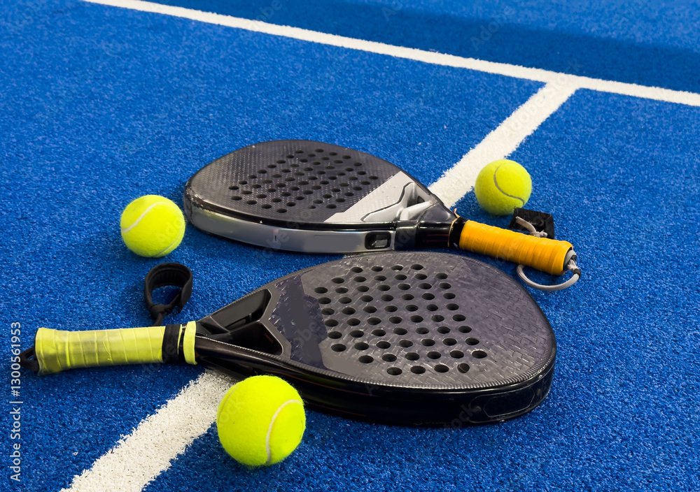Fototapeta premium Padel tennis racket. Background with copy space. Sport court and balls.